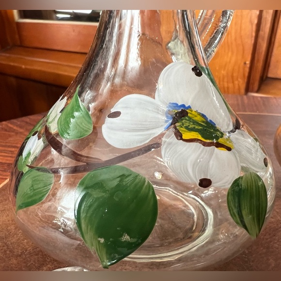 Vtg Cruet Set Hand Painted Glass Pair Floral Dogwood Pattern White Green Brown - Picture 10 of 12
